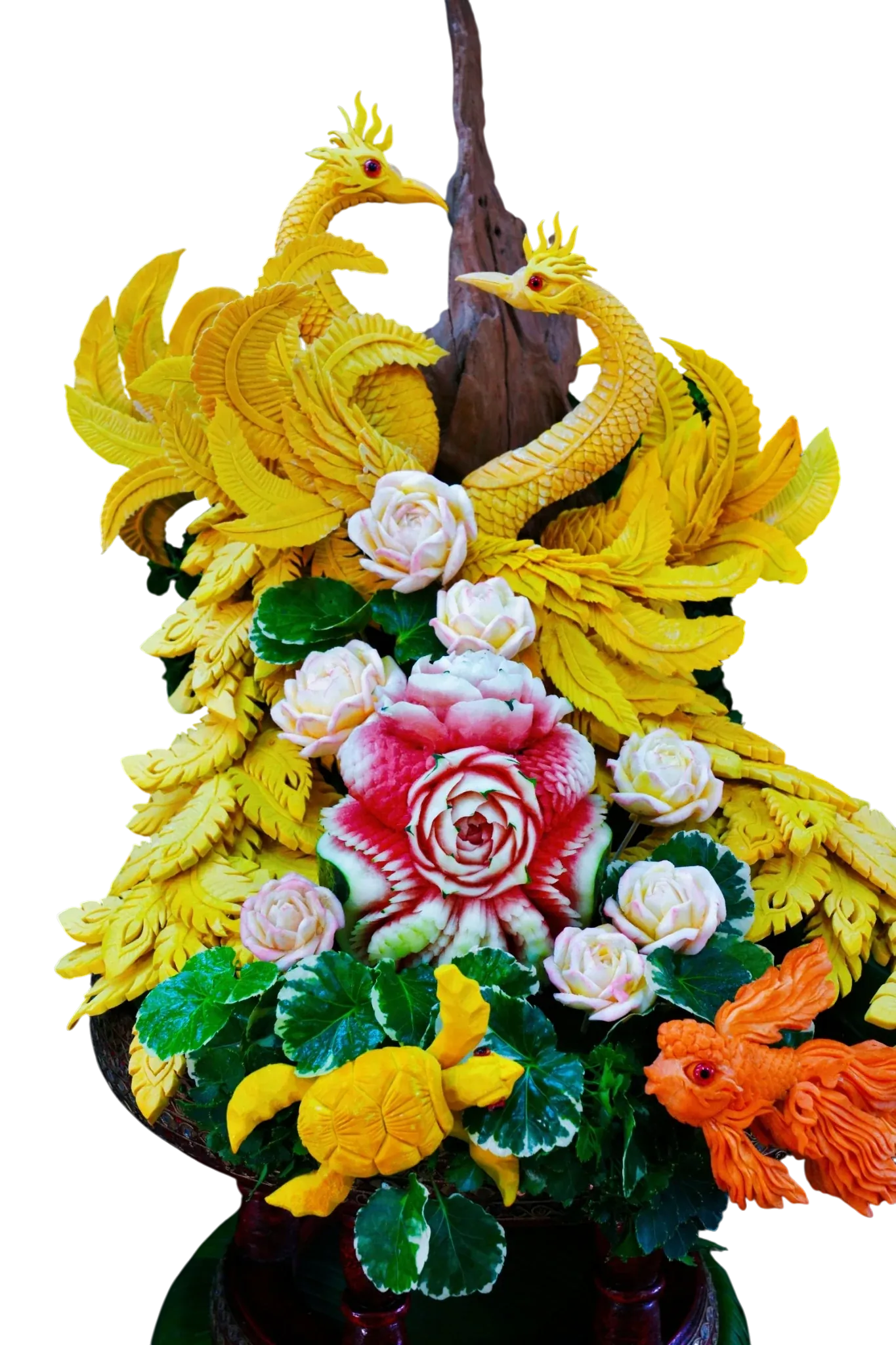 Geschnitzte Phönix- und Rosenskulptur aus Wassermelone und Kürbis